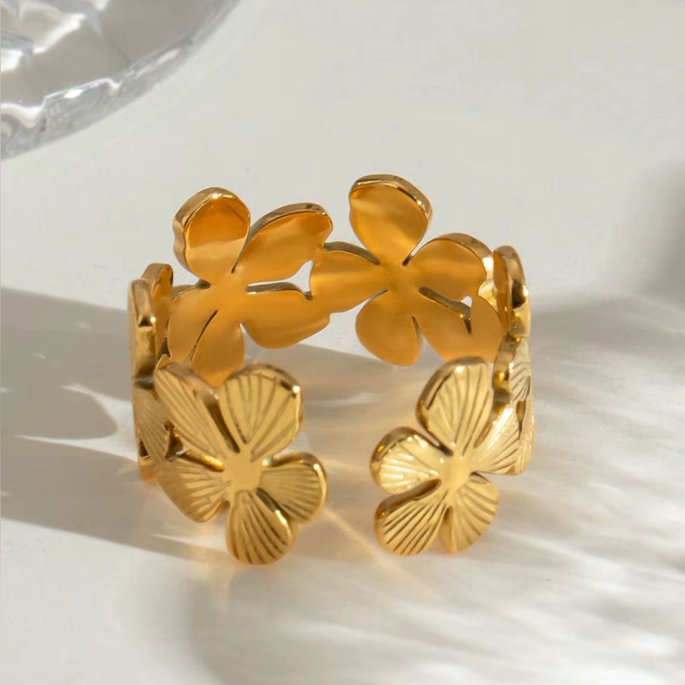 18 k Gold Plated Stainless Steel Adjustable Flower Band Ring